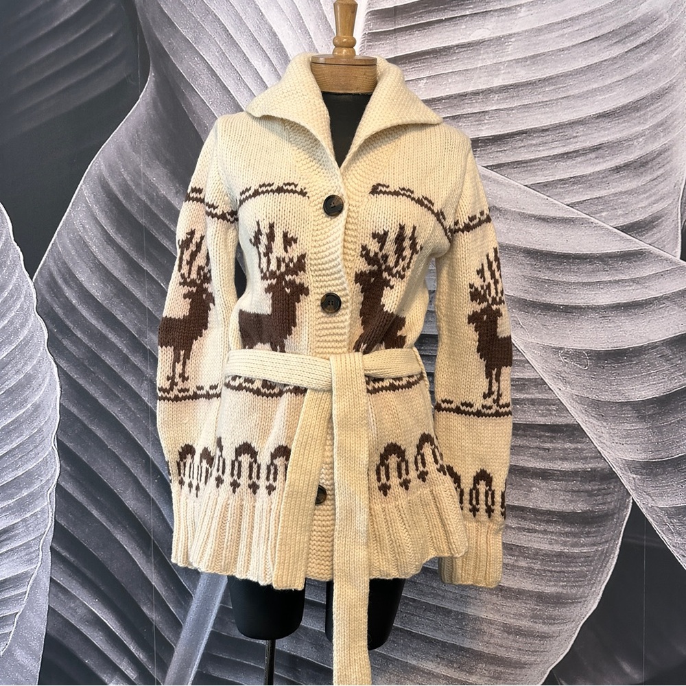 H&M L.O.G.G. Cardigan L Deer Reindeer Hand Knit 100% Wool Vintage Inspired